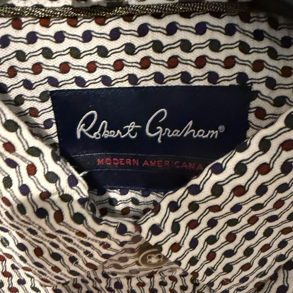 Robert Graham White Button-Down Shirt with Navy, Brown & Olive Dot Wave Print
